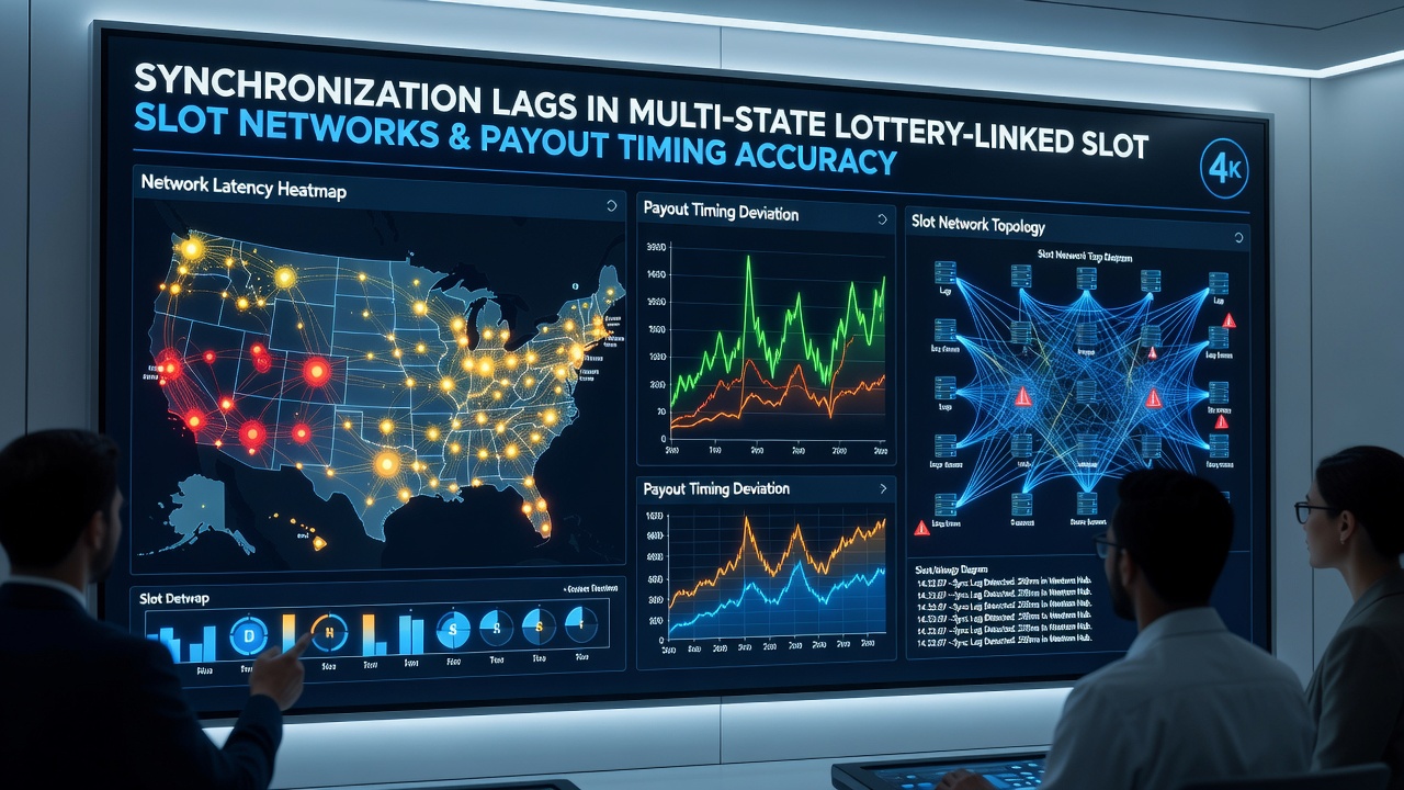 Network diagram showing interconnected slot machines across multiple states with data flow indicators