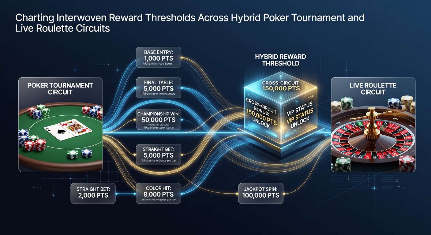 Diagram showing interconnected reward thresholds between poker tournaments and roulette tables in casino circuits