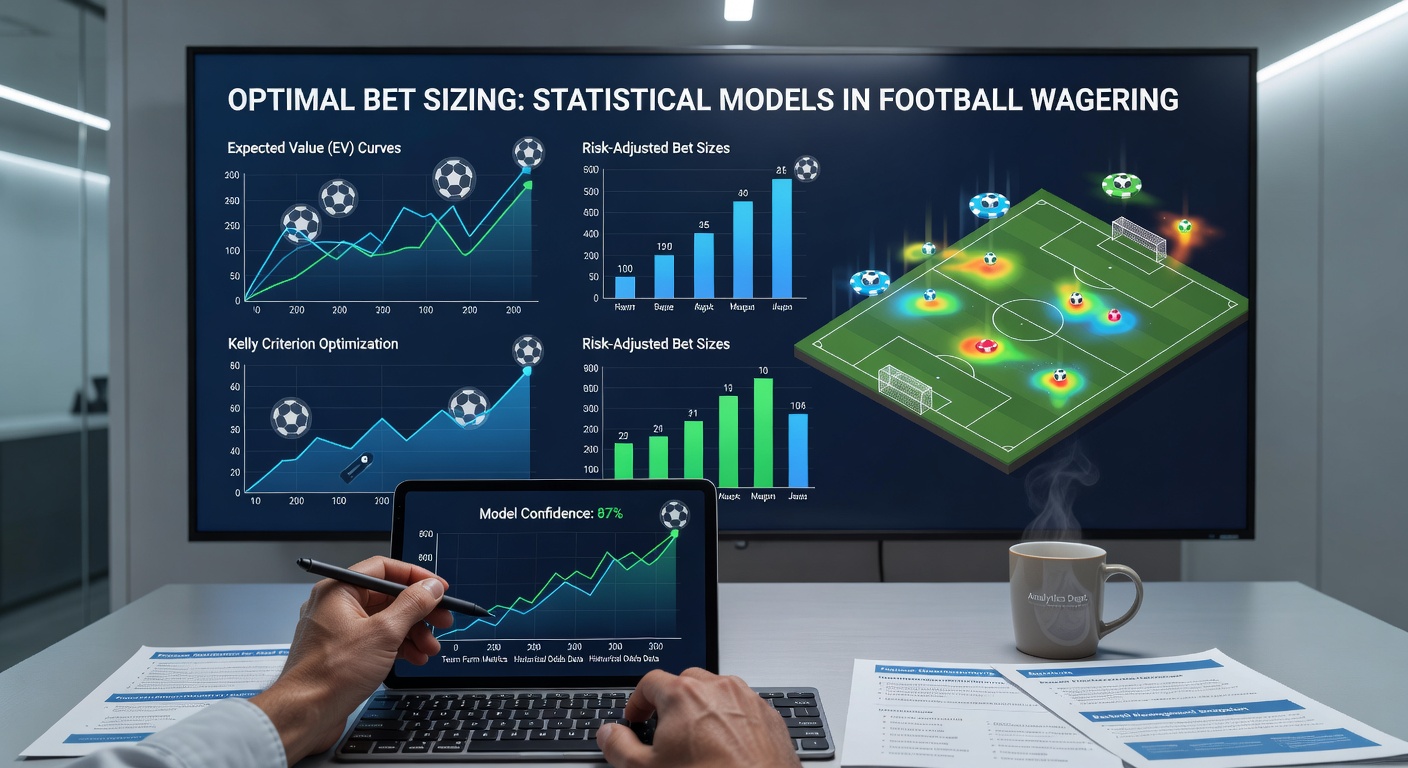 Statistical analysis dashboard showing football match data and probability distributions used for bet sizing decisions