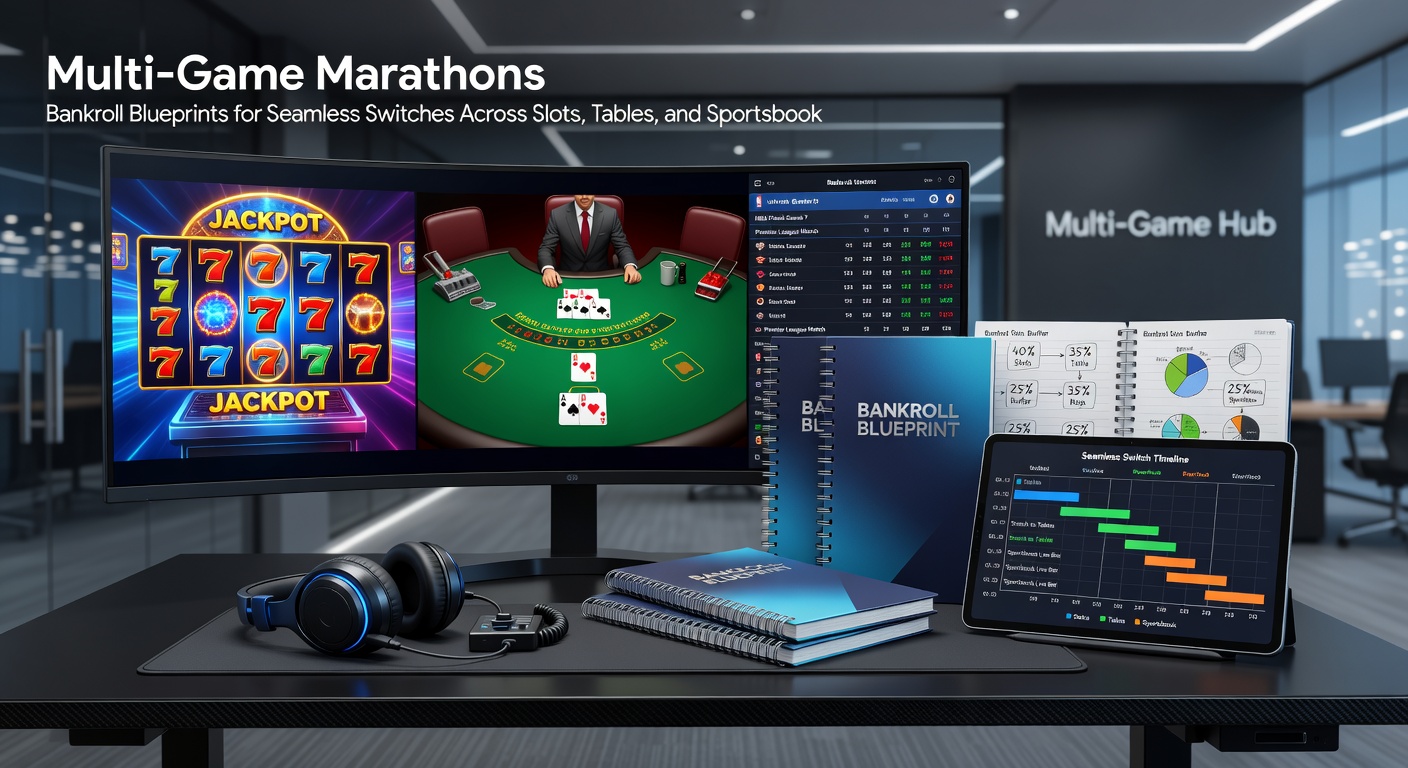 Player at a multi-screen setup reviewing slot stats, blackjack hand, and sportsbook lines