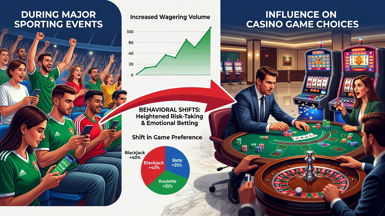 Players switching between sports betting terminals and roulette tables during a live sports broadcast