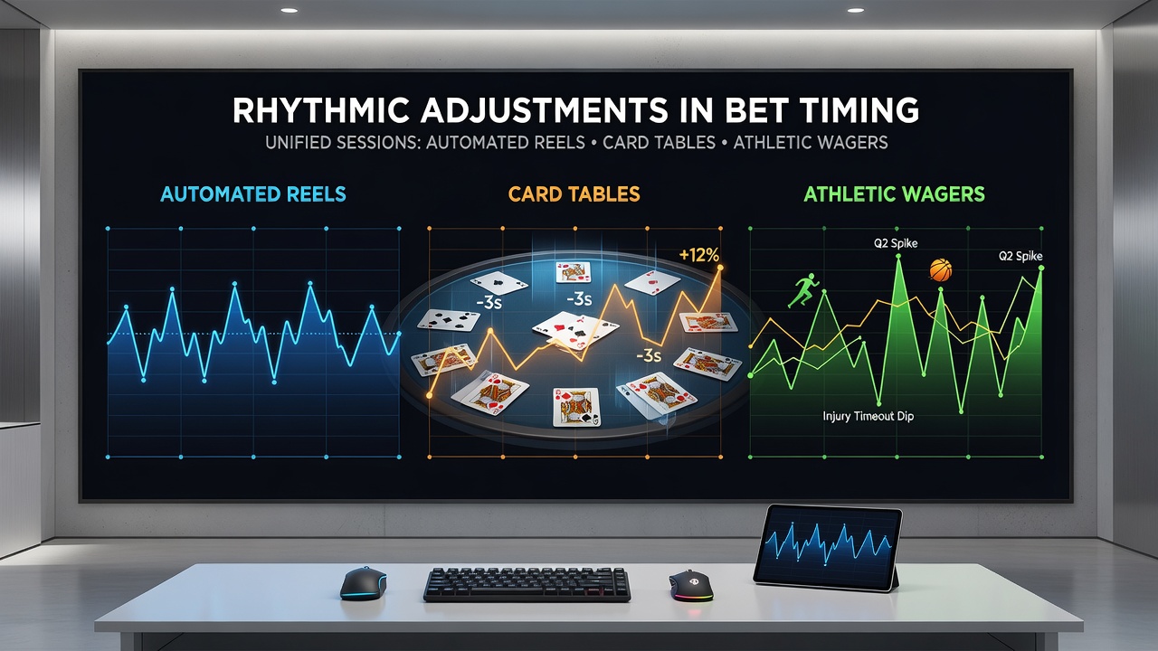 Illustration of synchronized betting interfaces showing automated reels, card tables, and sports wagering screens in a unified session environment