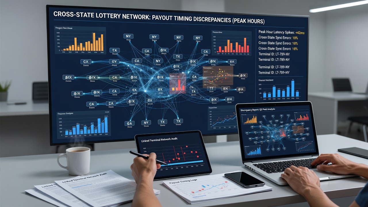 Data synchronization screen displaying cross-state lottery terminal status during holiday operations